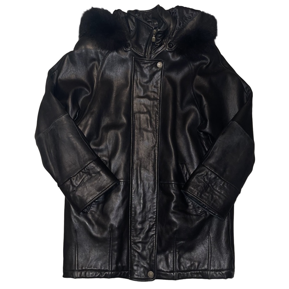LNR Womens Black Leather Fox Fur Trim Long Sleeve Full-Zip Coat Size Small